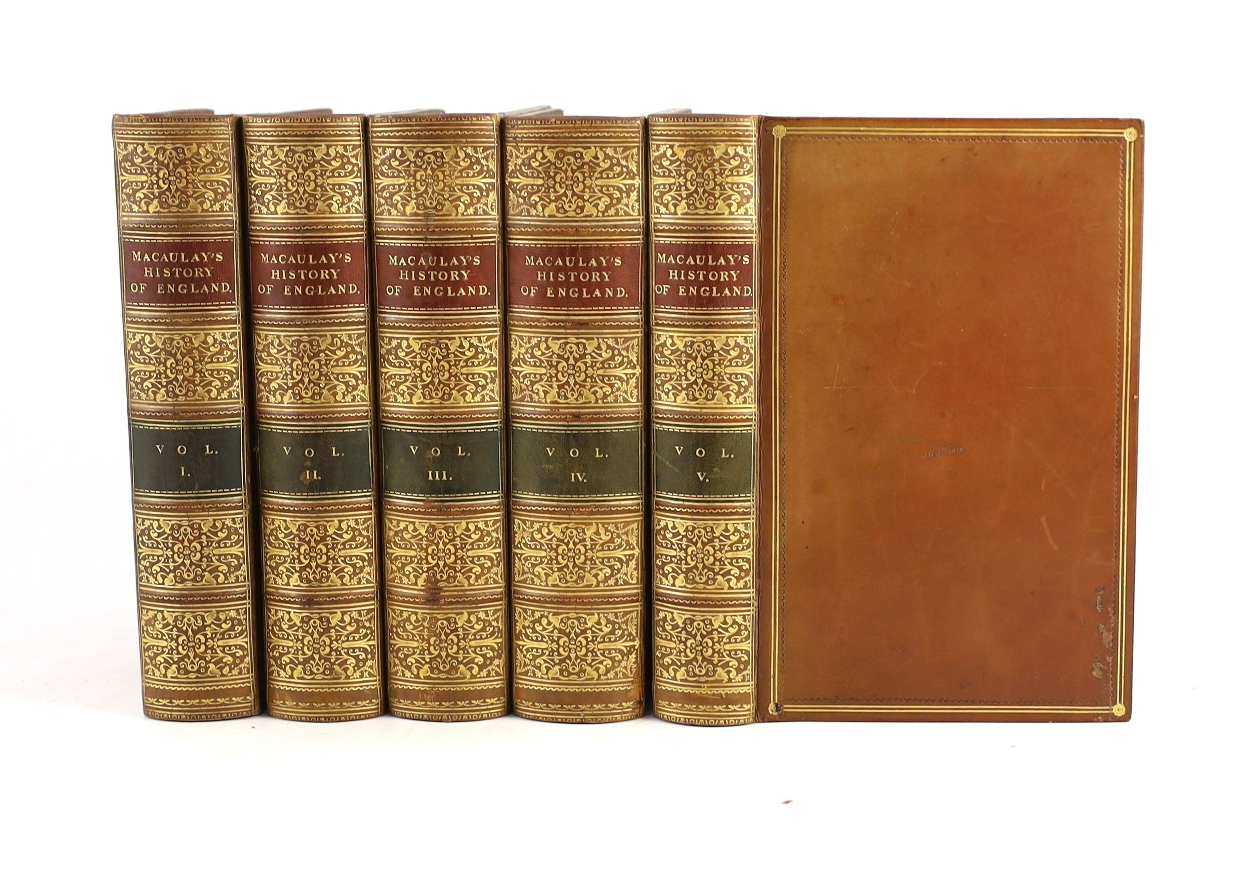 Macaulay, Lord - The History of England from the Accession of James the Second, 5 vols. contemp. gilt-ruled calf, gilt decorated panelled spines with red and green labels. 1861